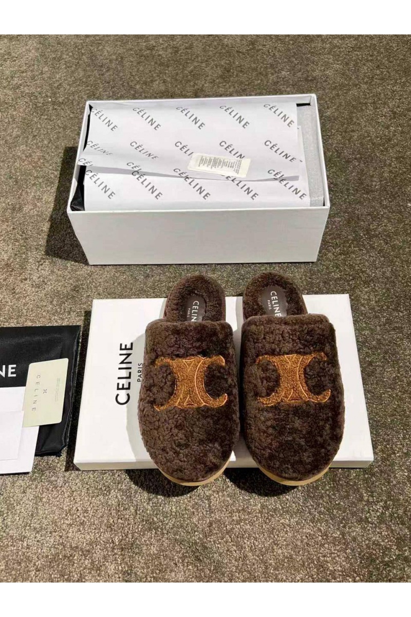 Celine Женские меховые шлёпанцы Triomphe premium