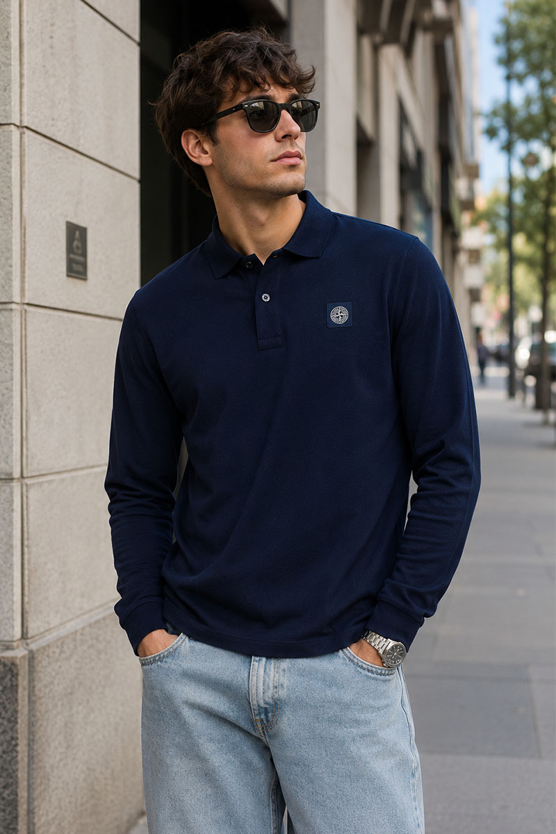 Stone Island Поло с длинным рукавом logo-patch - Navy