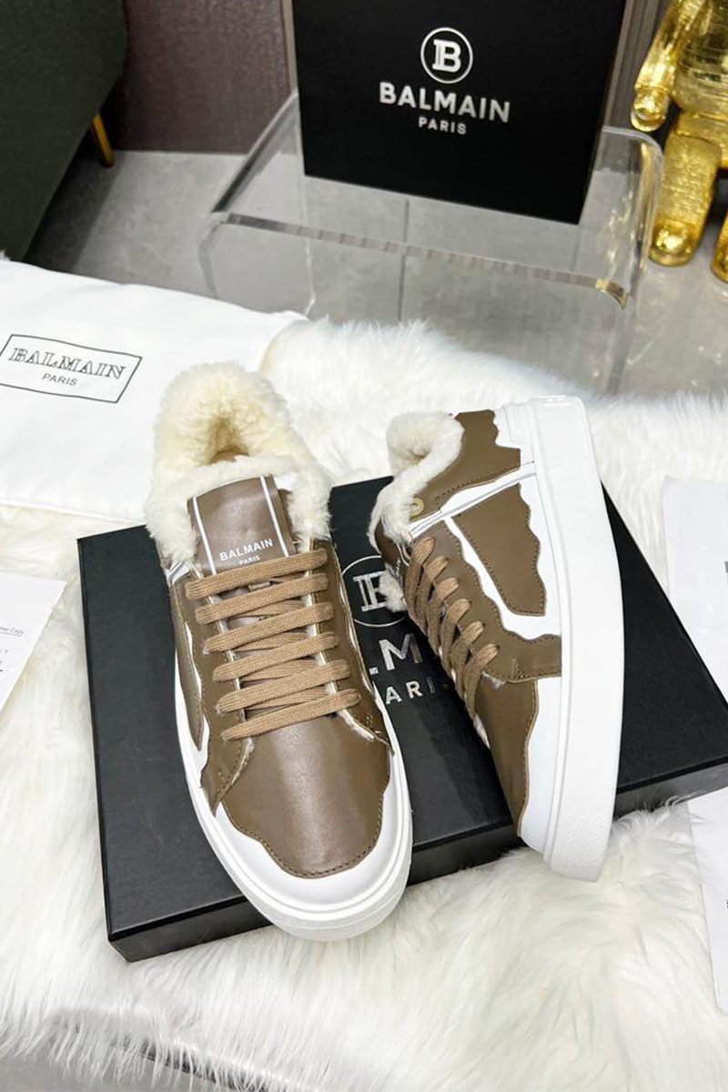 Balmain Кожаные кроссовки с мехом low-top - Beige / White