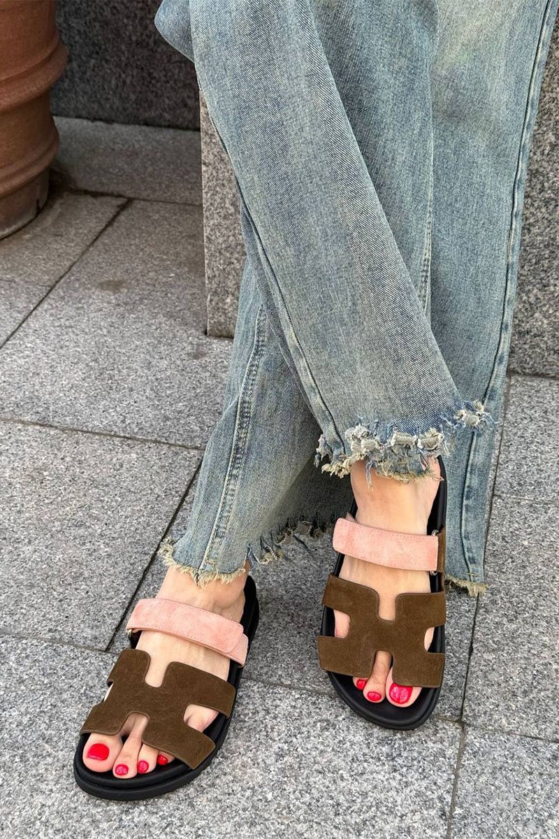 Hermes Женские замшевые сандалии Chypre - Brown / Pink