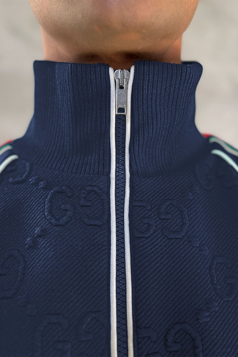 Gucci Тёмно-синяя кофта на молнии GG jacquard