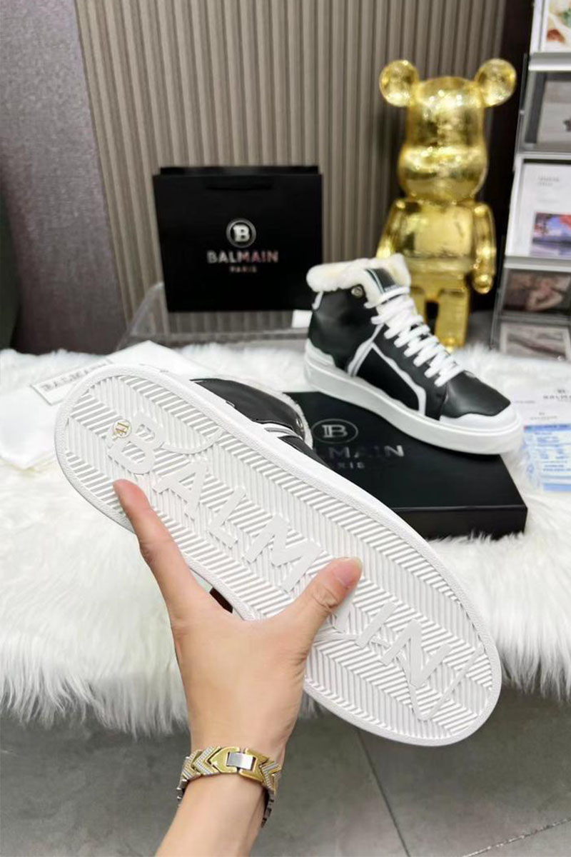 Balmain Кожаные кроссовки с мехом high-top - Black / White