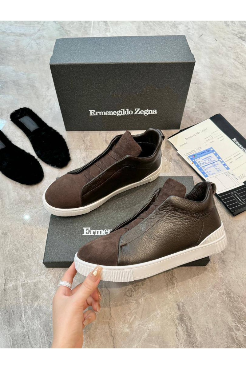 Zegna Кроссовки с мехом Triple Stitch - Brown