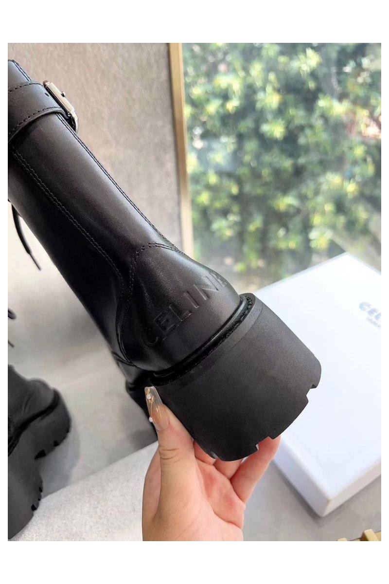 Celine Женские кожаные ботинки с мехом premium - Black