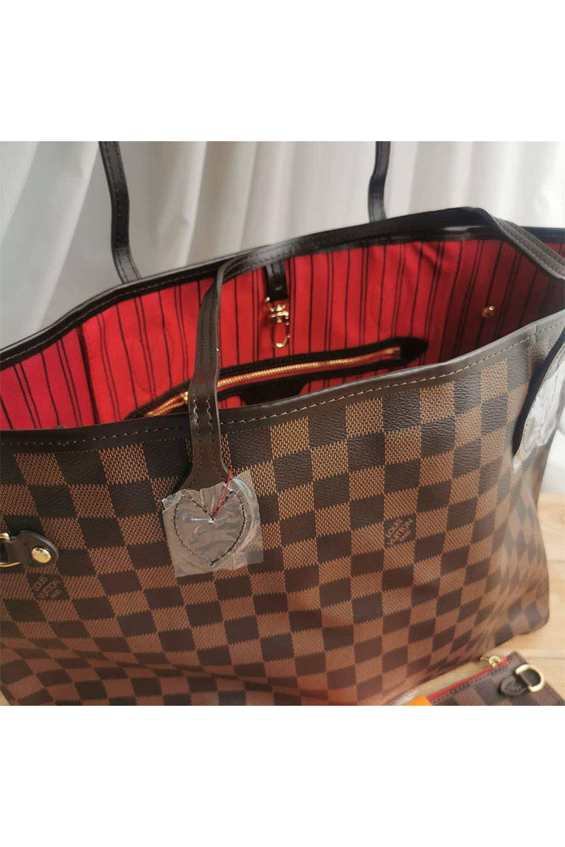 Lоuis Vuittоn Женская кожаная сумка Neverfull MM Damier Ebene 33x30 см
