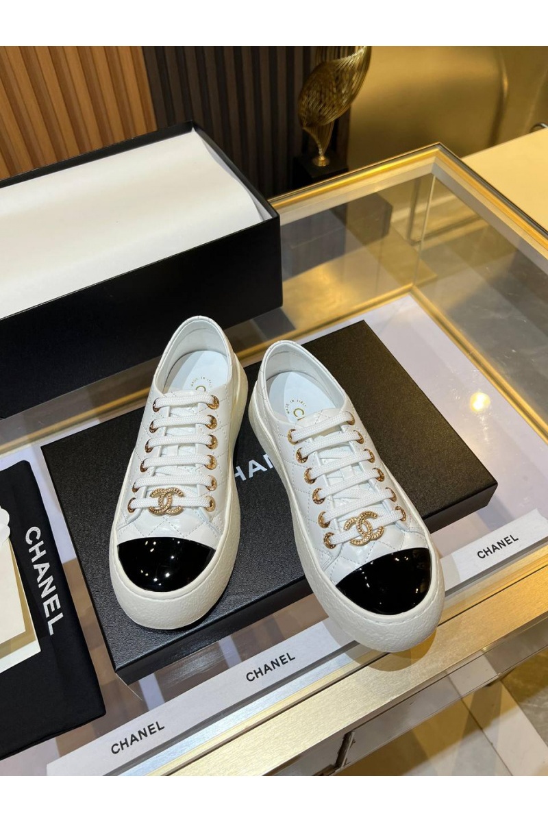 Chаnеl Женские кожаные кроссовки Premium - White / Black