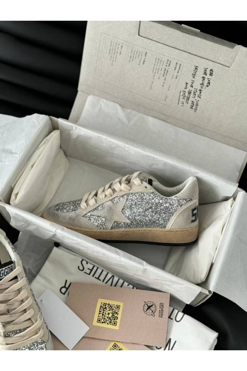Designer Clothing Женские кожаные кроссовки Golden Goose Ball Star Premium - Grey Sequin