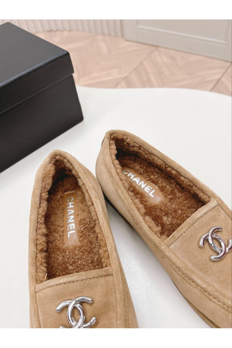 Chаnеl Женские замшевые лоферы с мехом Premium - Chestnut