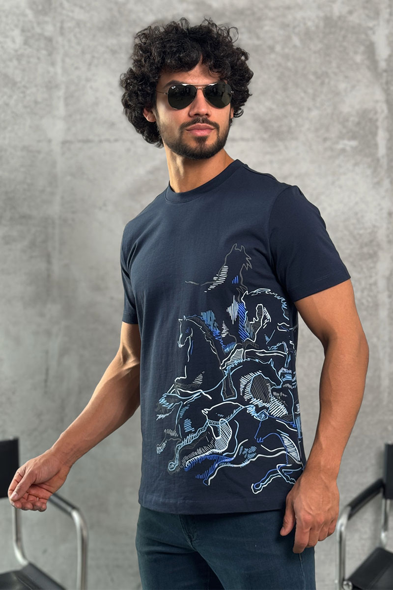 Hermes Мужская тёмно-синяя футболка 