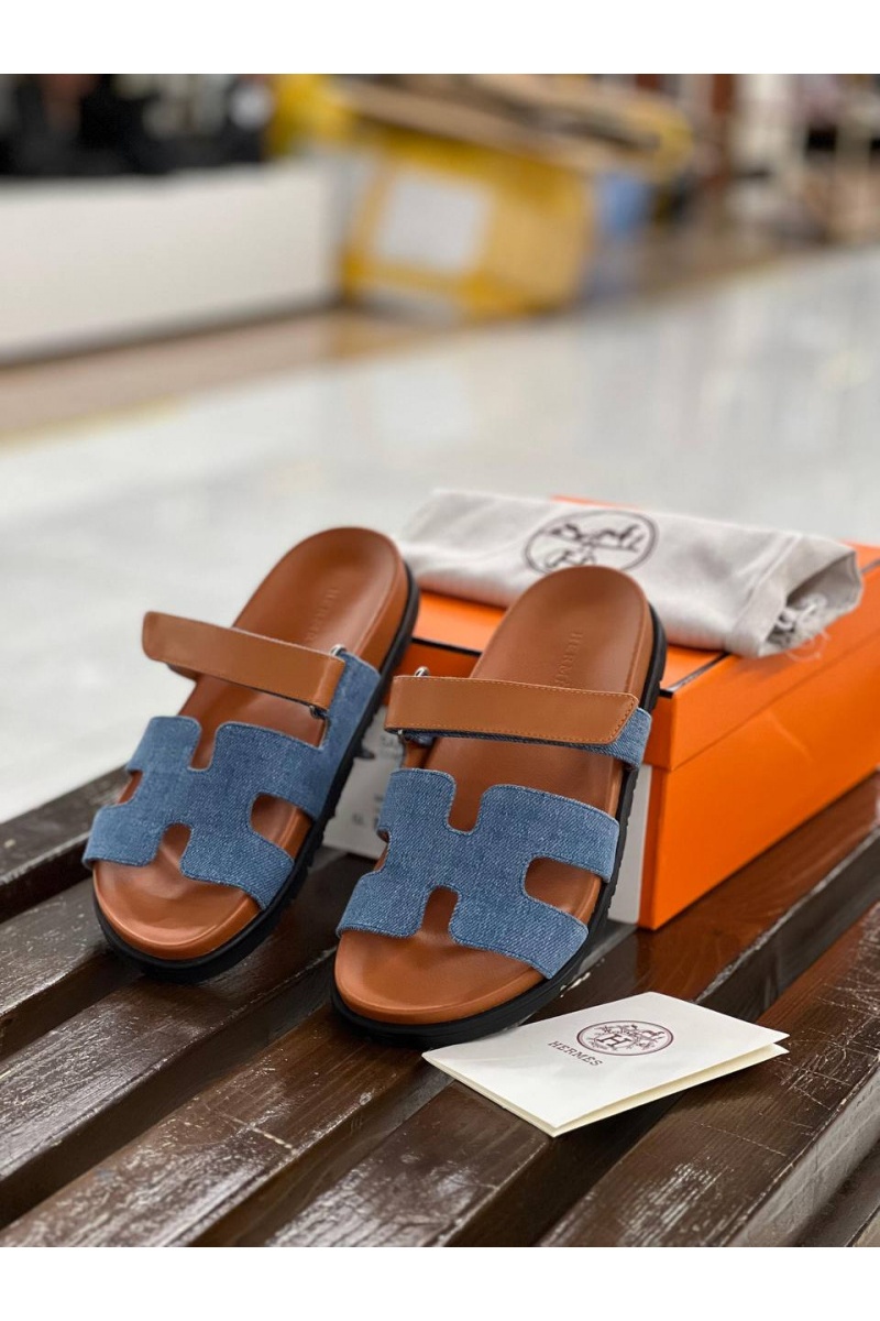 Hermes Женские кожаные сандалии Chypre - Brown / Blue