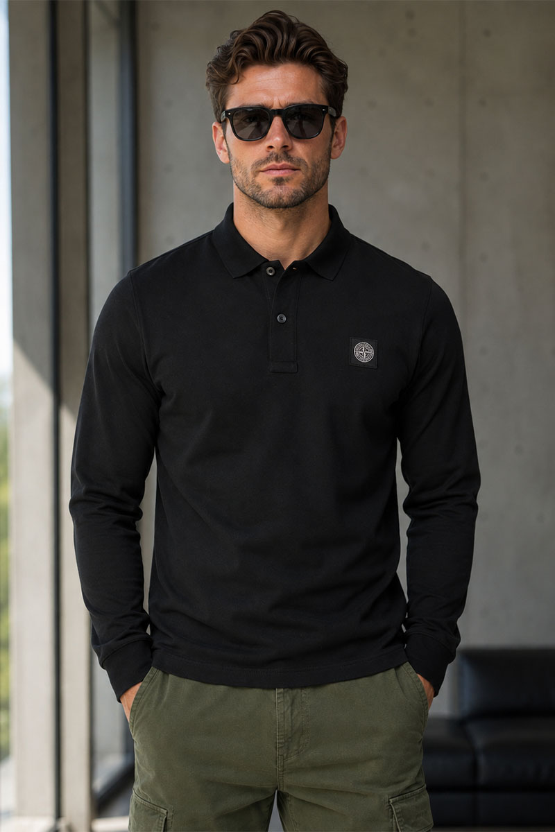 Stone Island Поло с длинным рукавом logo-patch - Black