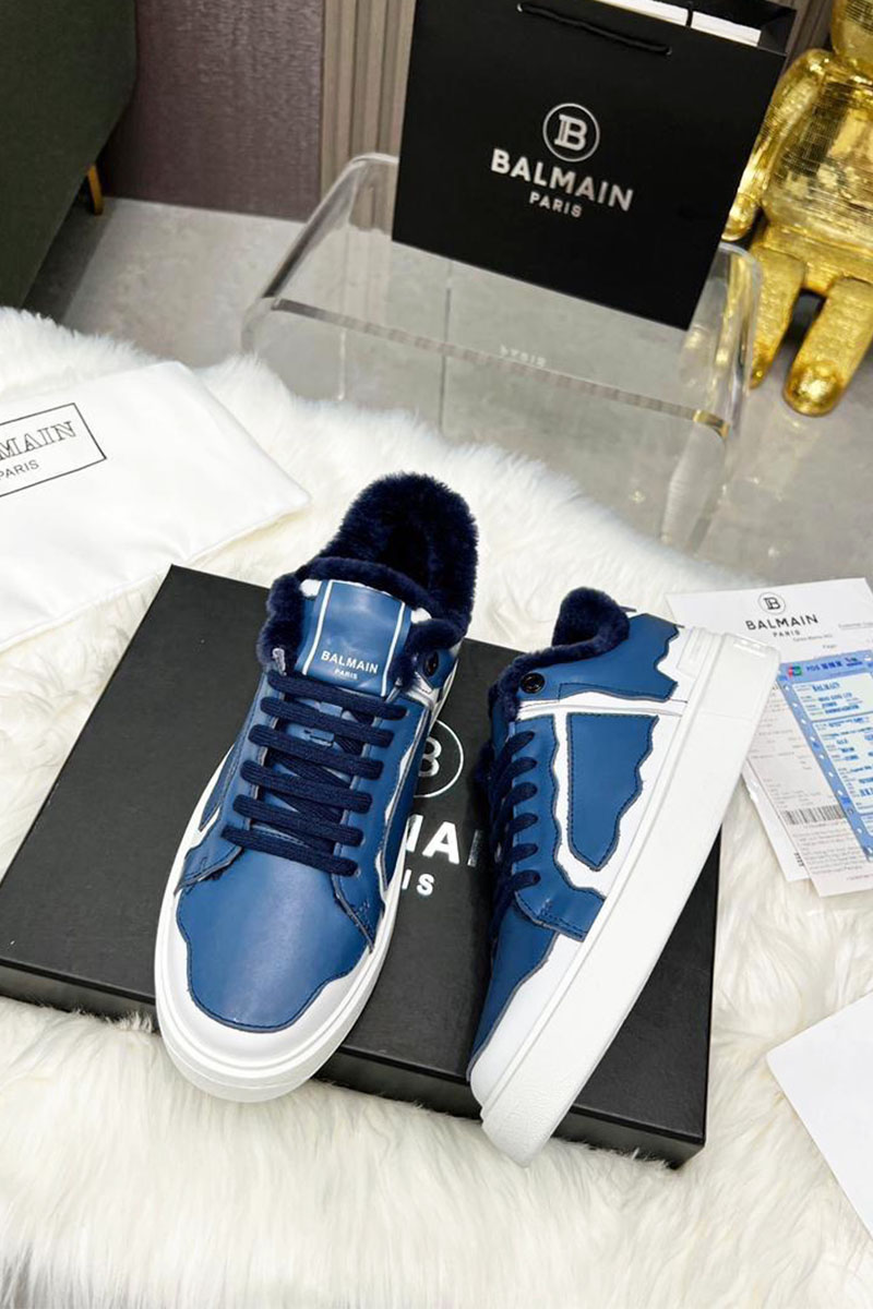 Balmain Кожаные кроссовки с мехом low-top - Blue / White