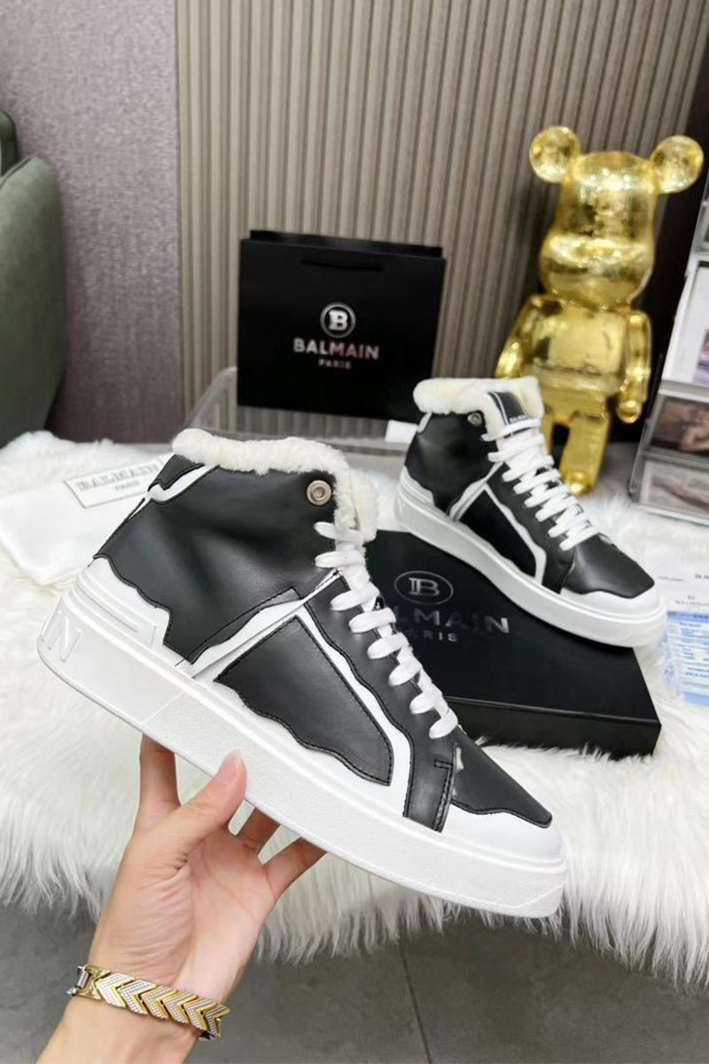 Balmain Кожаные кроссовки с мехом high-top - Black / White