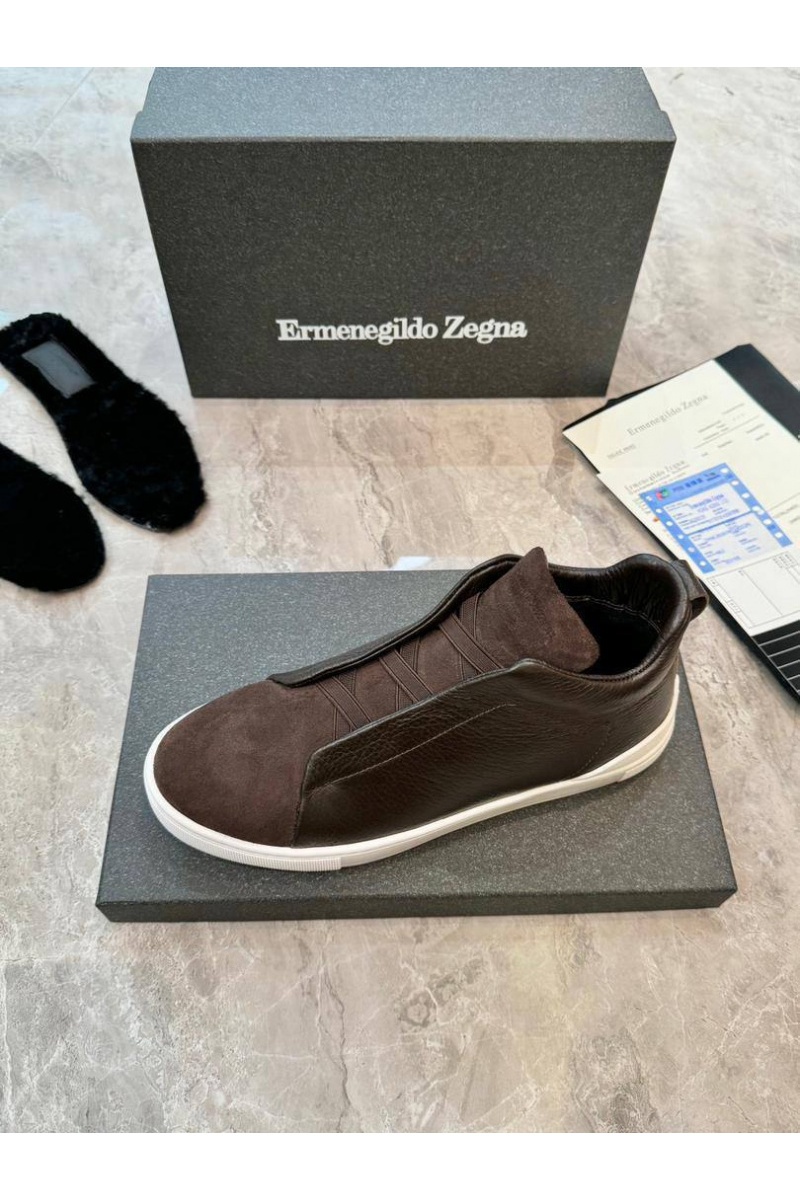 Zegna Кроссовки с мехом Triple Stitch - Brown