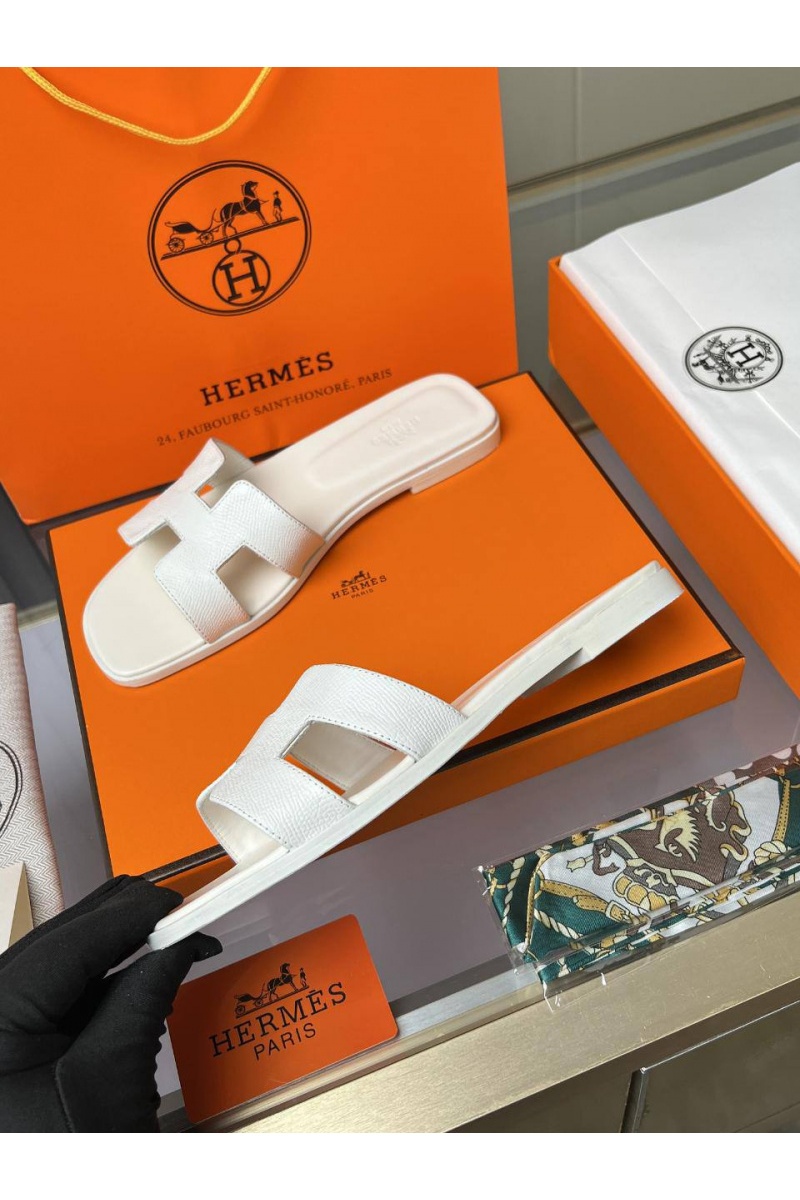 Hermes Женские кожаные шлёпанцы Premium - White