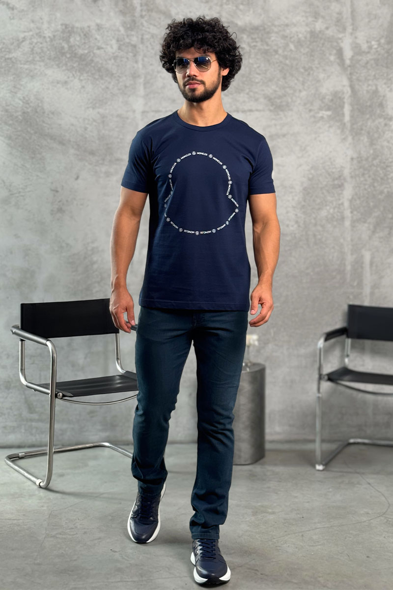 Moncler Тёмно-синяя брендовая футболка Logo Outline