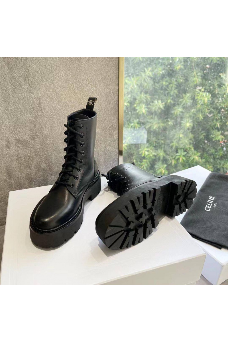 Celine Женские кожаные ботинки с мехом premium - Black