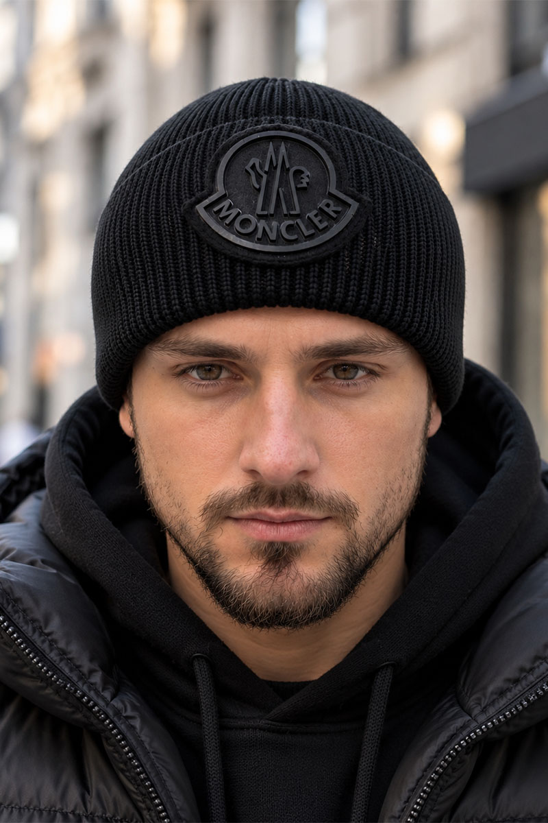 Moncler Брендовая шапка чёрного цвета