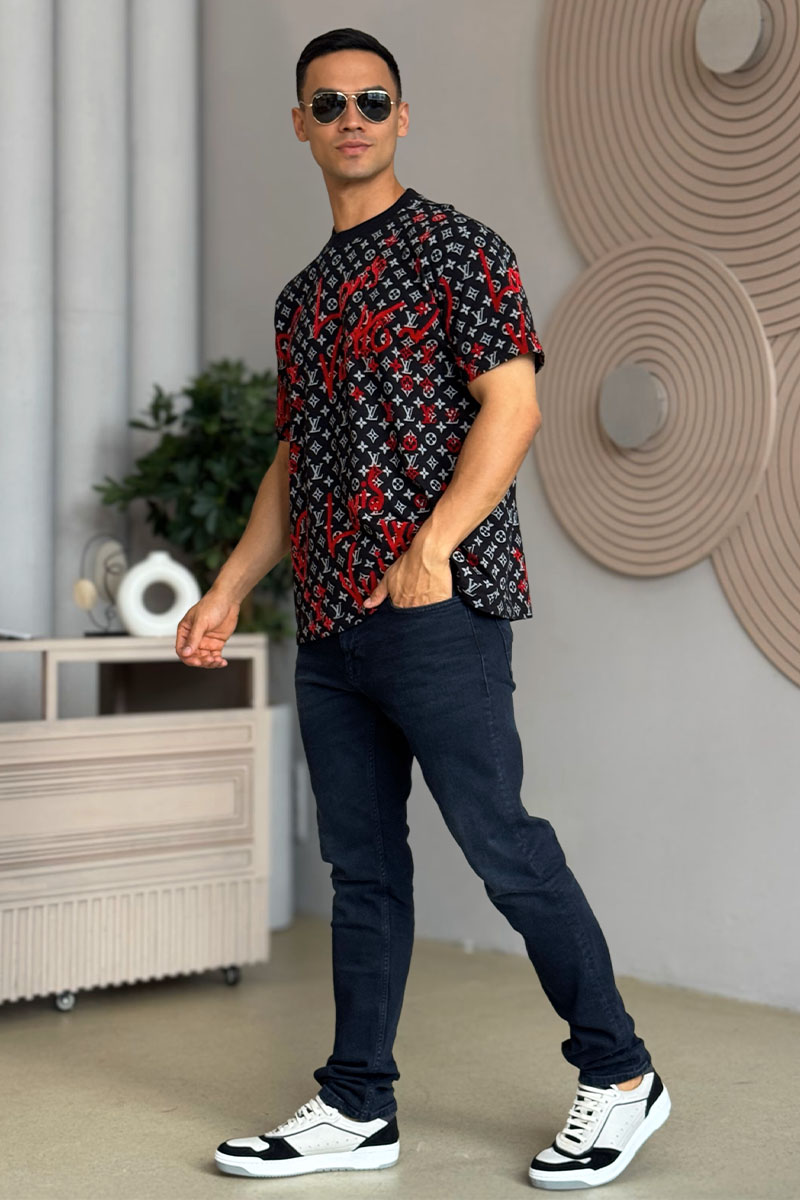 Lоuis Vuittоn Чёрная оверсайз футболка Heart monogram all-over