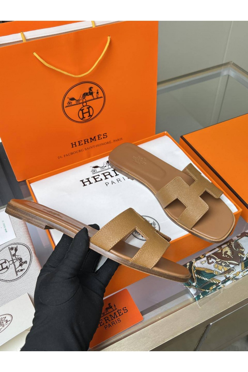 Hermes Женские кожаные шлёпанцы Premium - Chestnut