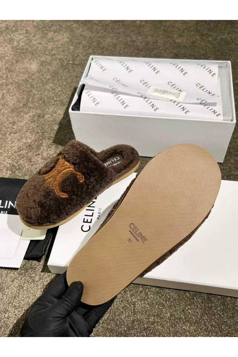Celine Женские меховые шлёпанцы Triomphe premium