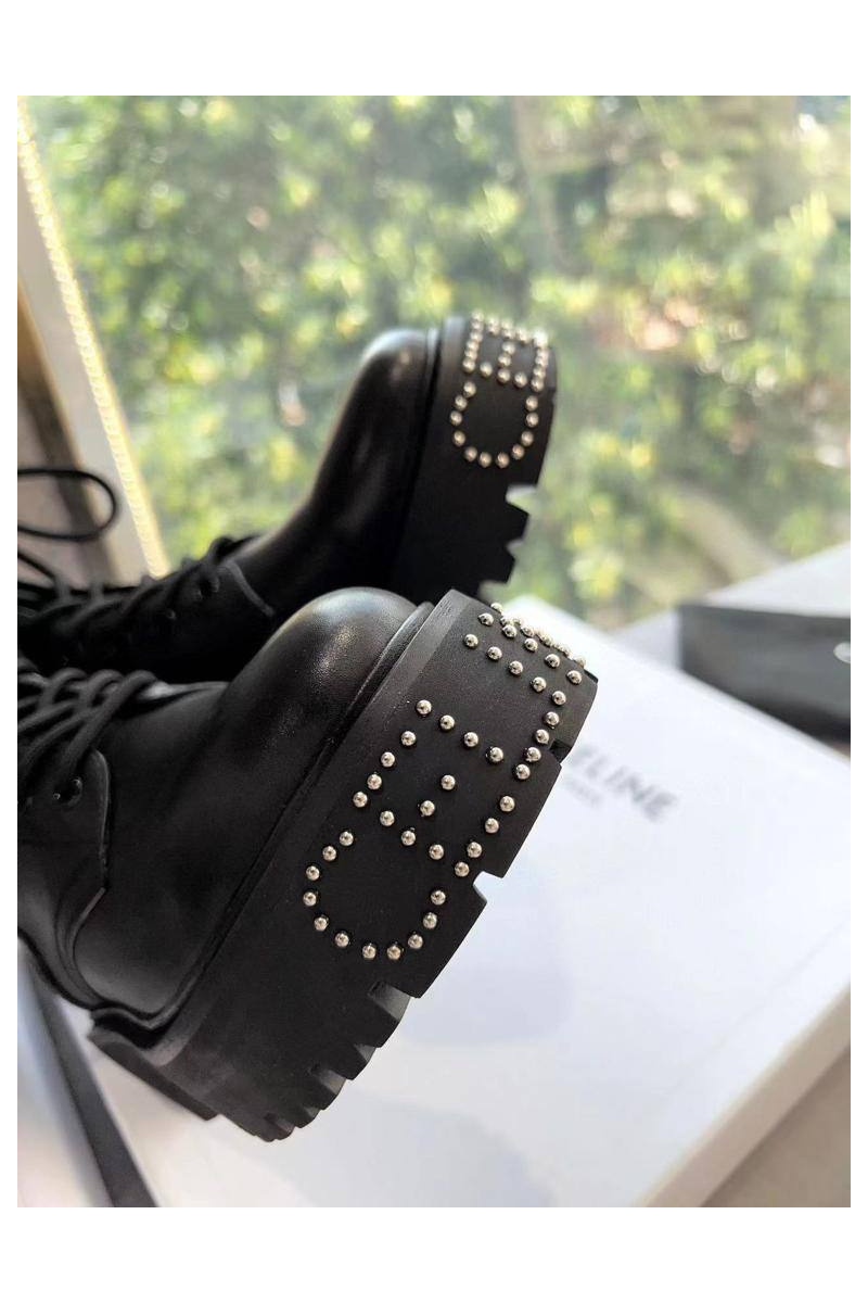Celine Женские кожаные ботинки с мехом premium - Black