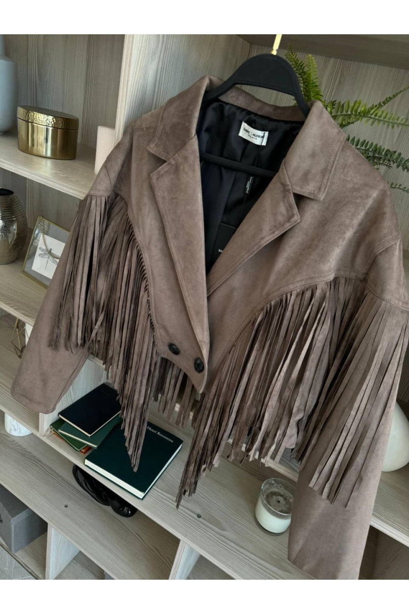 Yves Saint Laurent Женская замшевая косуха с бахромой 
