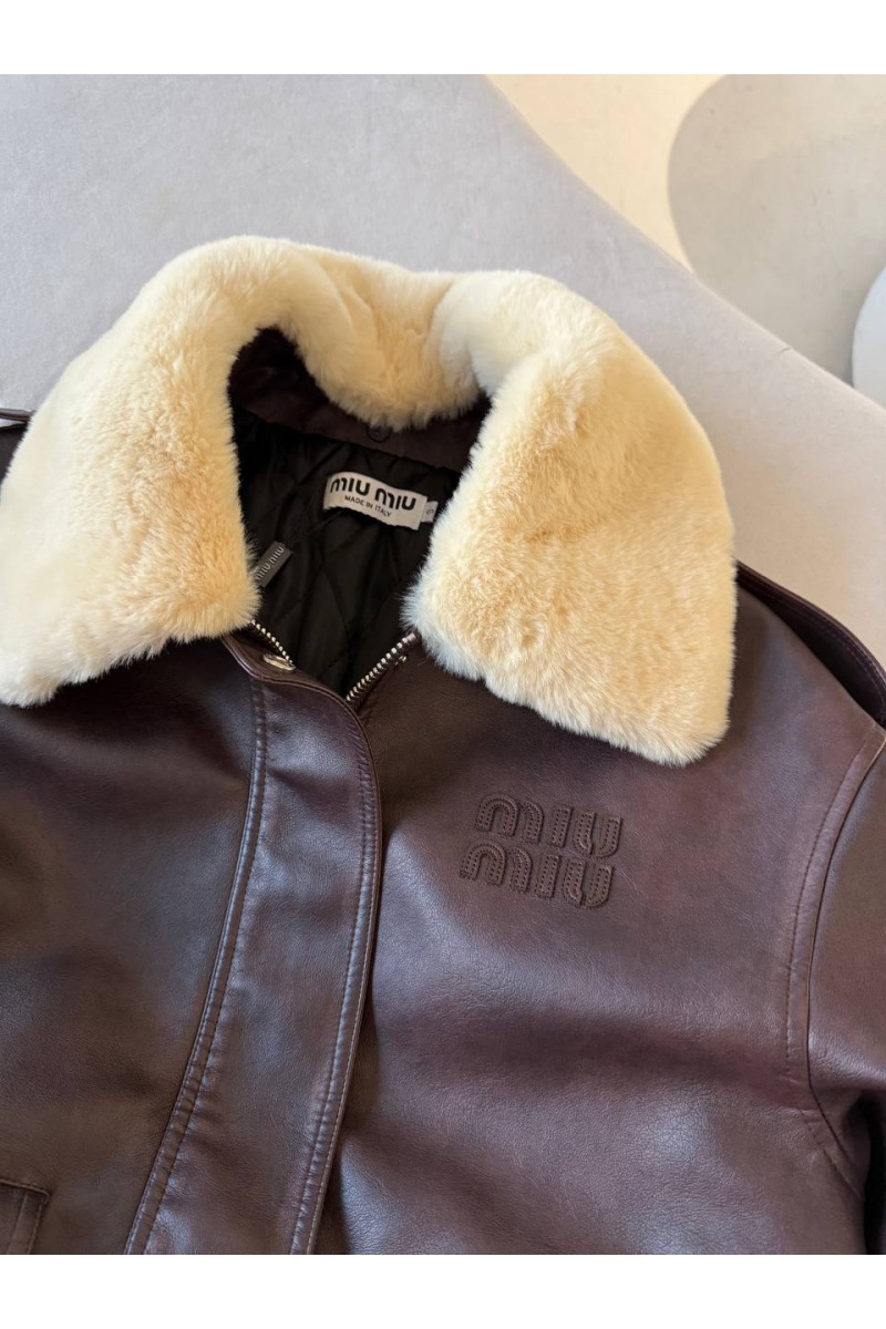 MIU MIU Женская кожаная дубленка с меховым воротом