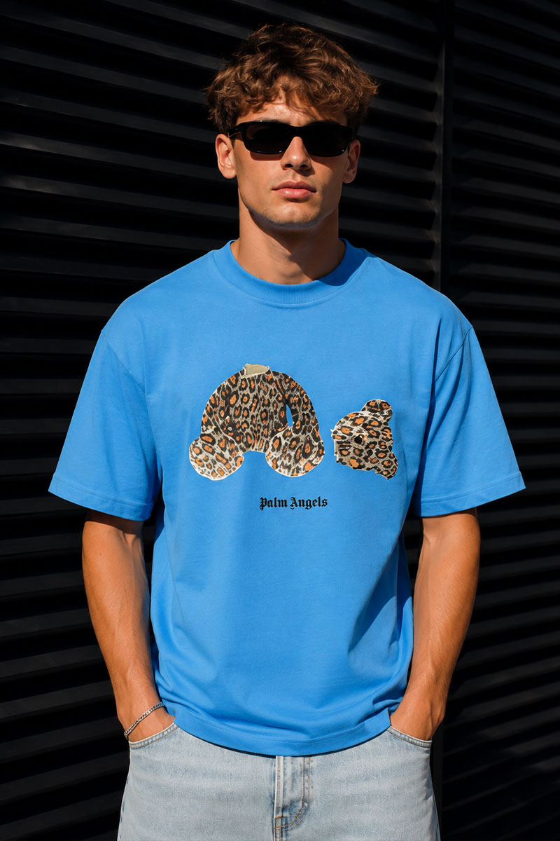 Palm Angels Голубая оверсайз футболка Leopard Bear