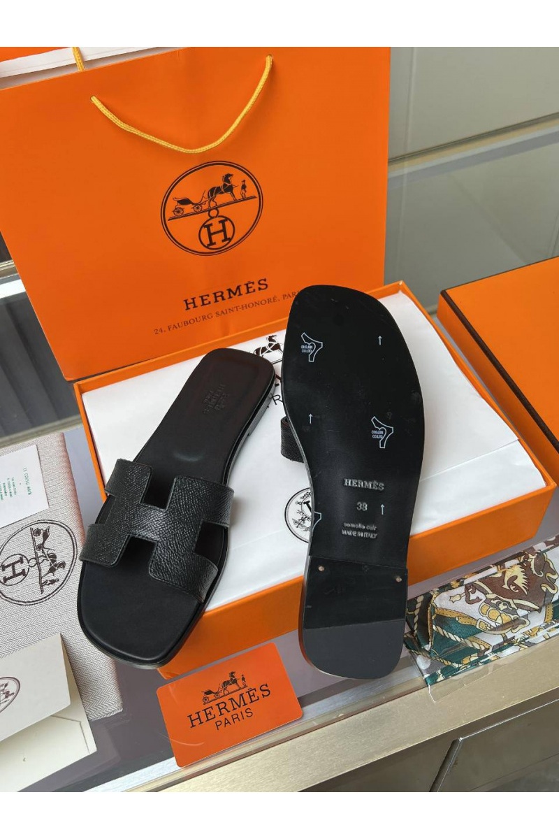 Hermes Женские кожаные шлёпанцы Premium - Black