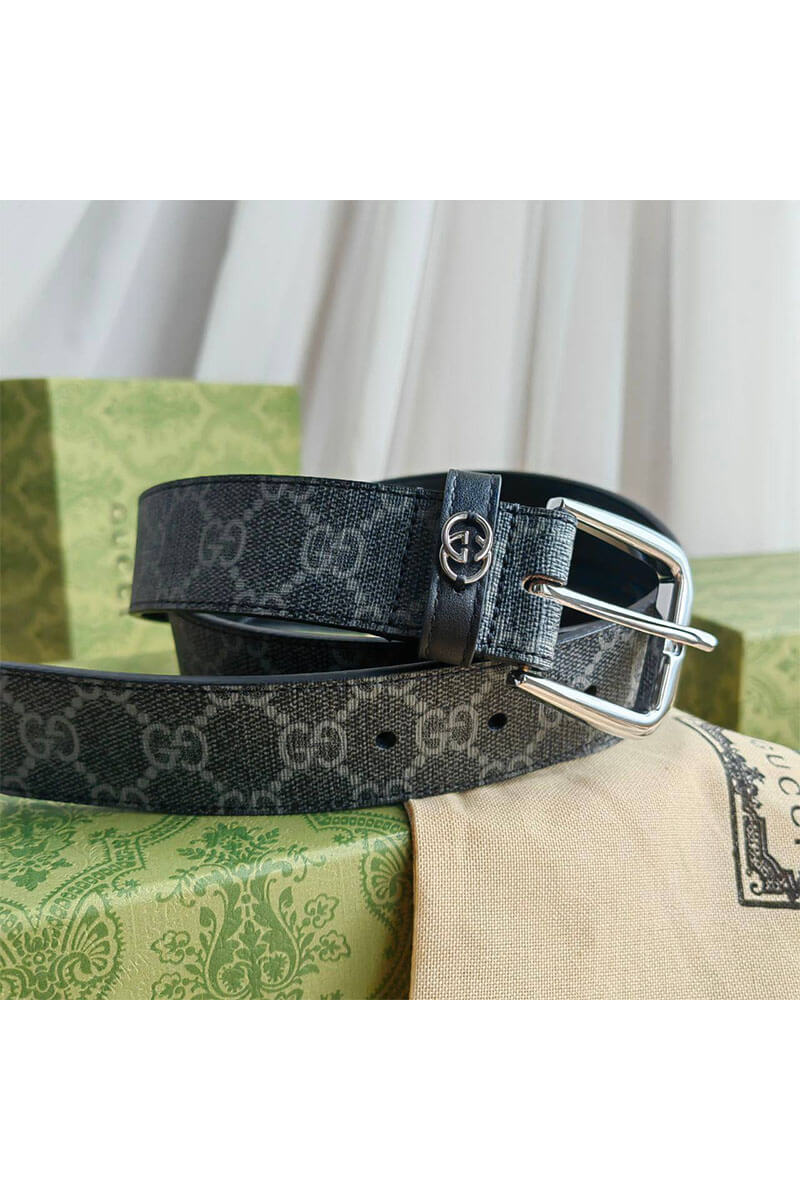 Gucci Брендовый ремень GG Monogram Black / Silver (длина 90 см)