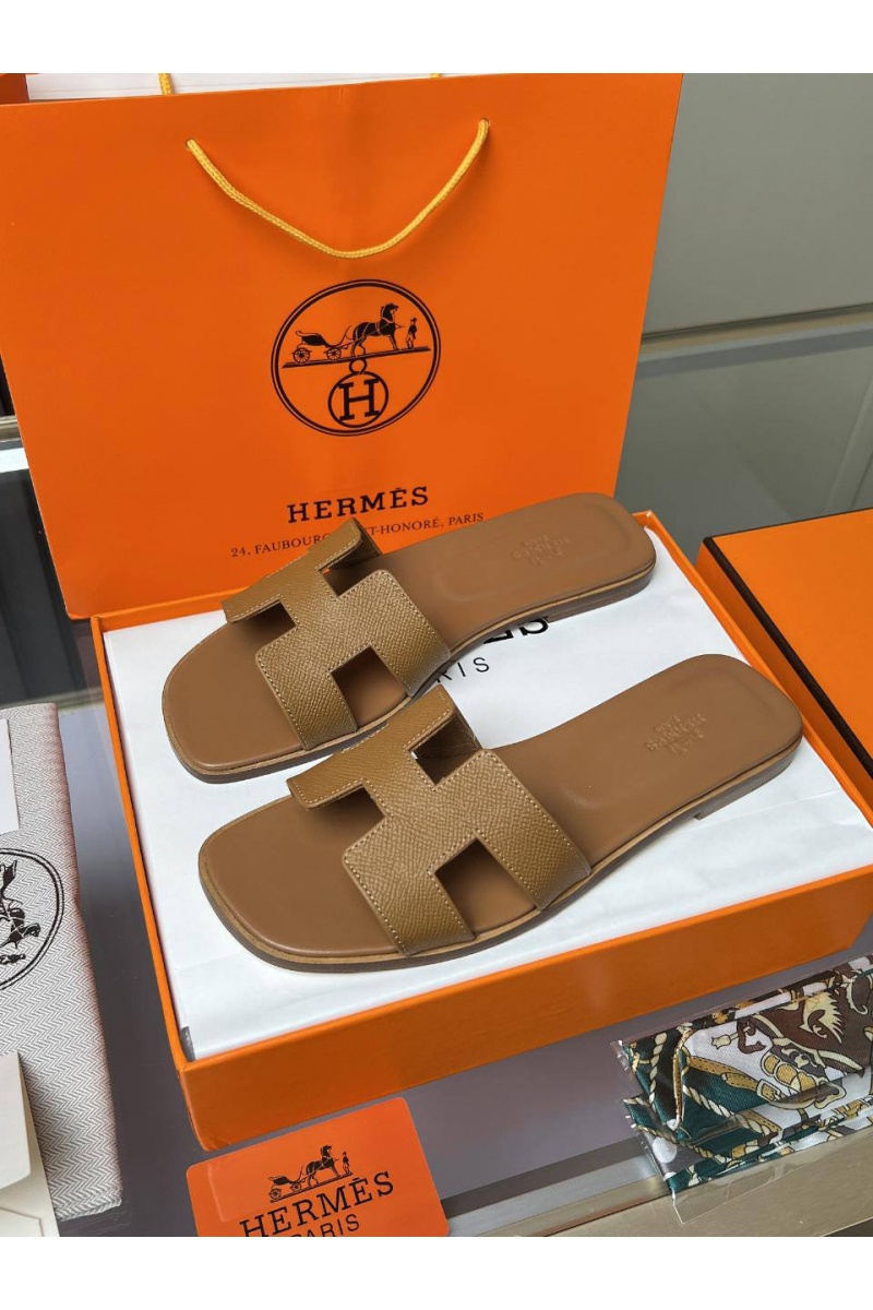 Hermes Женские кожаные шлёпанцы Premium - Chestnut