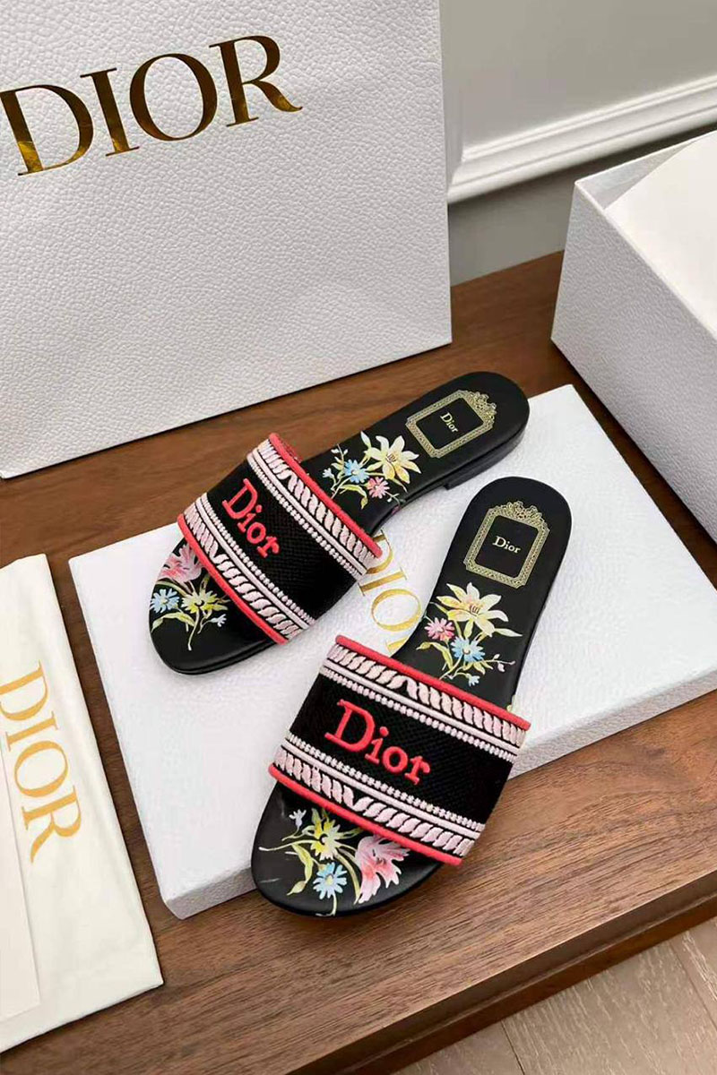 Dior Женские шлепанцы Dway Slide Embroidered Cotton premium