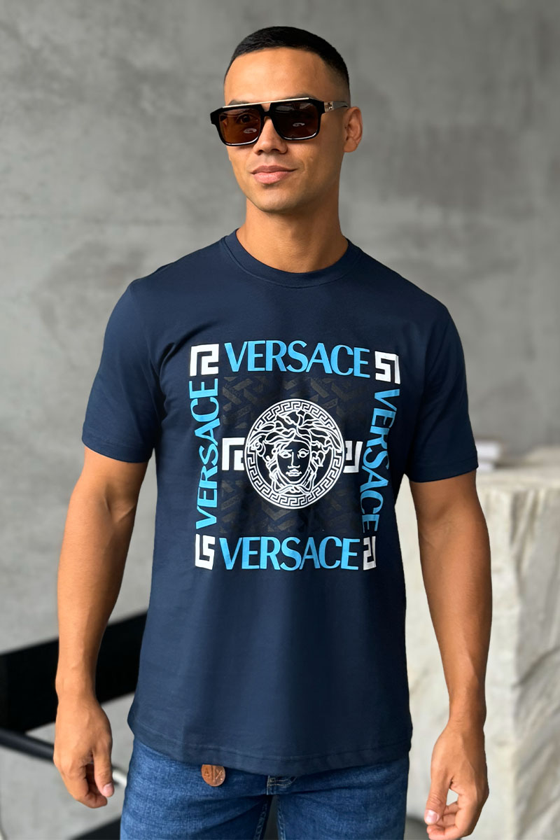 Versace Мужская синяя футболка logo-print
