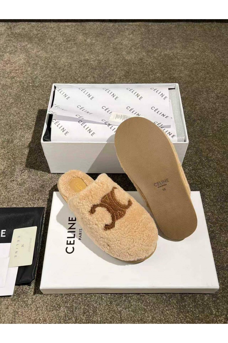Celine Женские меховые шлёпанцы Triomphe premium