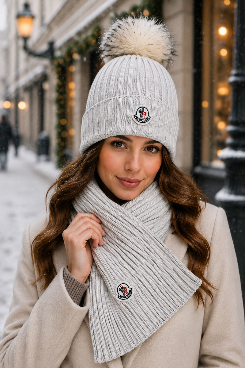 Moncler Комплект из шапки и шарфа светло-серого цвета logo-patch