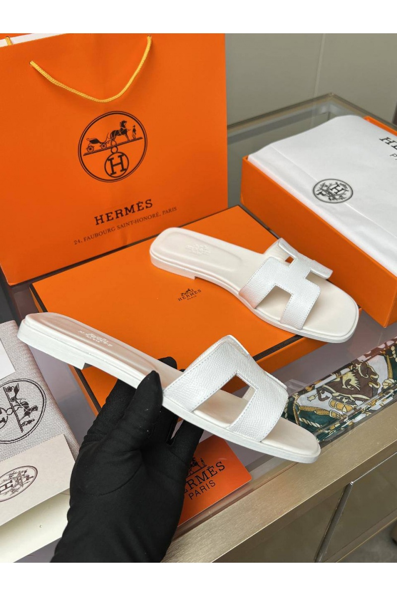 Hermes Женские кожаные шлёпанцы Premium - White