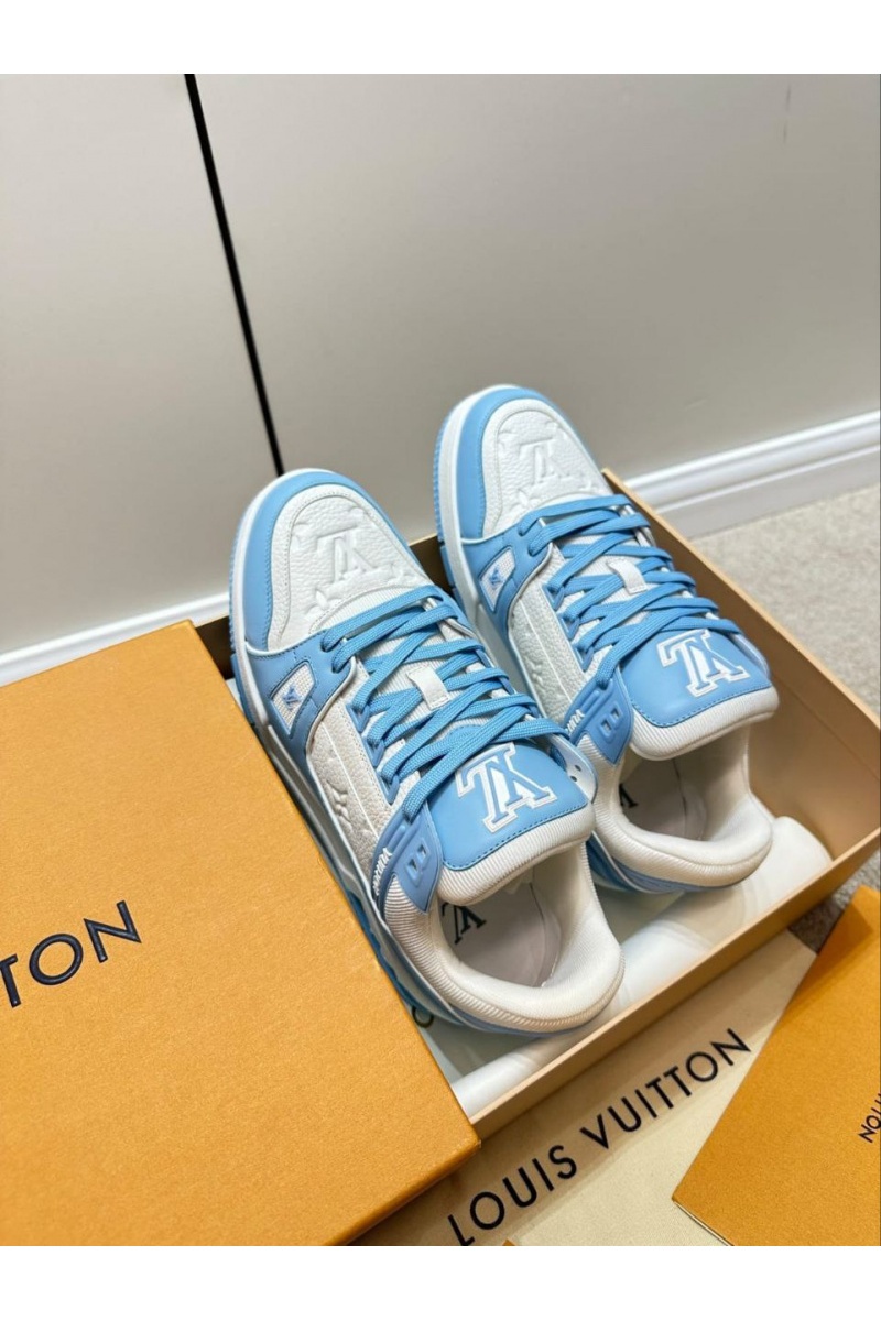 Lоuis Vuittоn Женские кожаные кроссовки Trainer Monogram - White / Blue