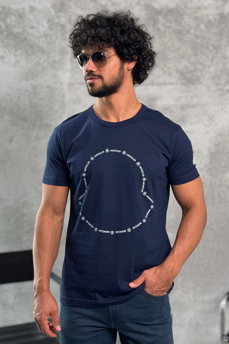 Moncler Тёмно-синяя брендовая футболка Logo Outline