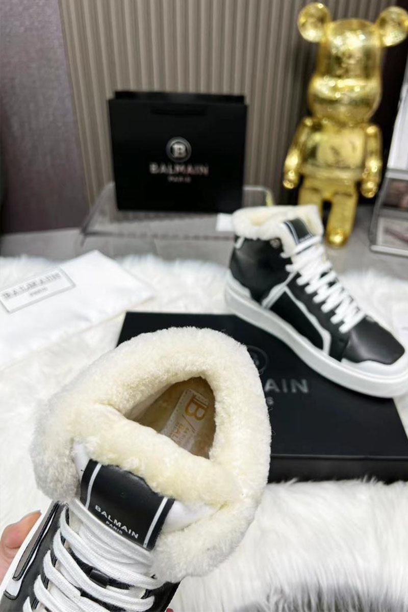 Balmain Кожаные кроссовки с мехом high-top - Black / White