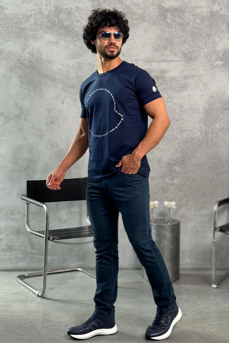 Moncler Тёмно-синяя брендовая футболка Logo Outline