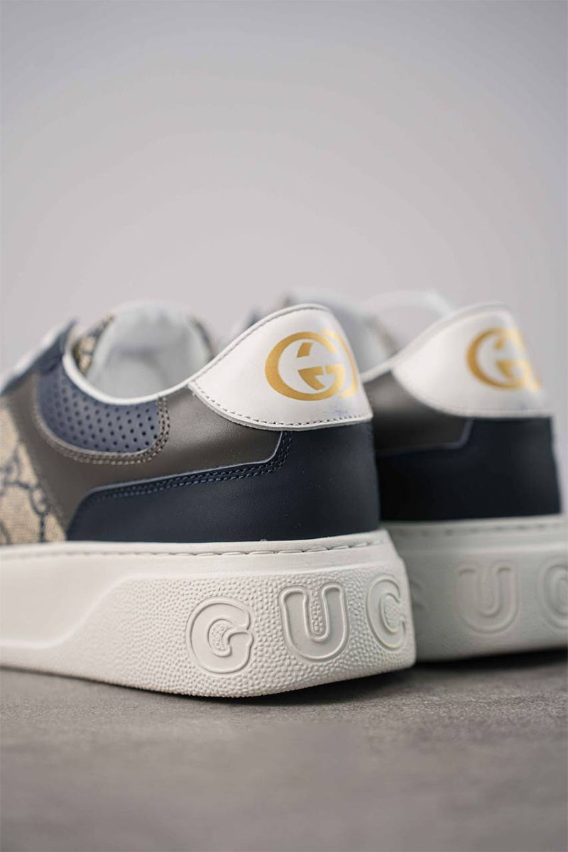 Gucci Мужские кожаные кроссовки - Grey / Blue