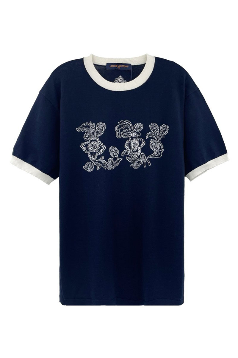 Lоuis Vuittоn Мужская тёмно-синяя футболка Premium Intarsia floral 