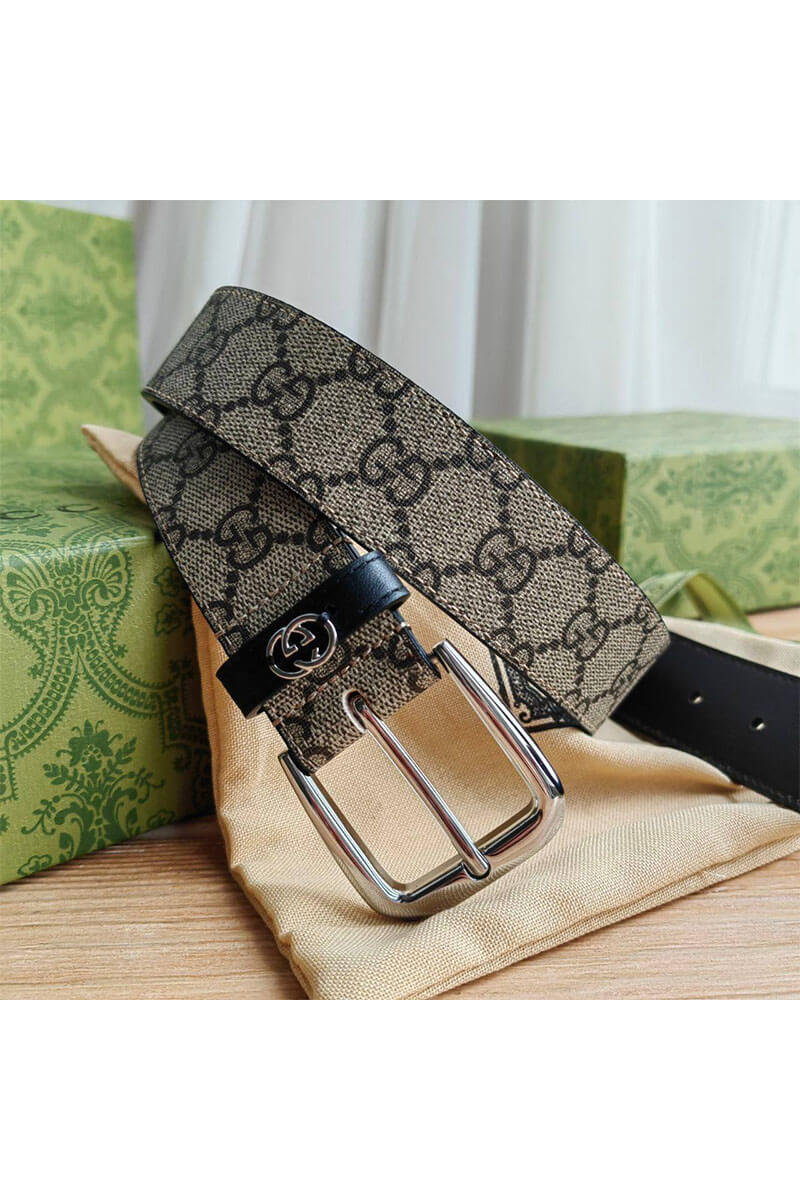 Gucci Брендовый ремень GG Monogram Beige / Silver (длина 90 см)