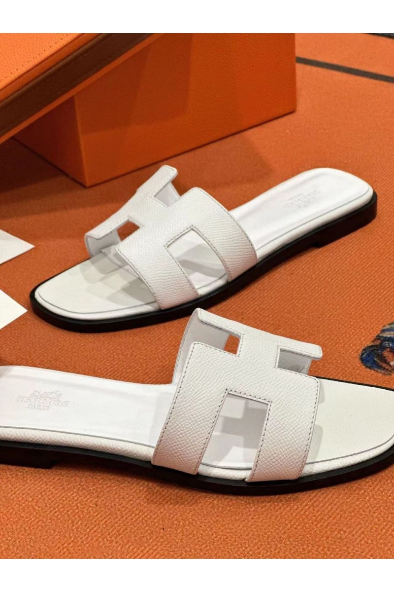 Hermes Женские кожаные шлёпанцы Premium - White