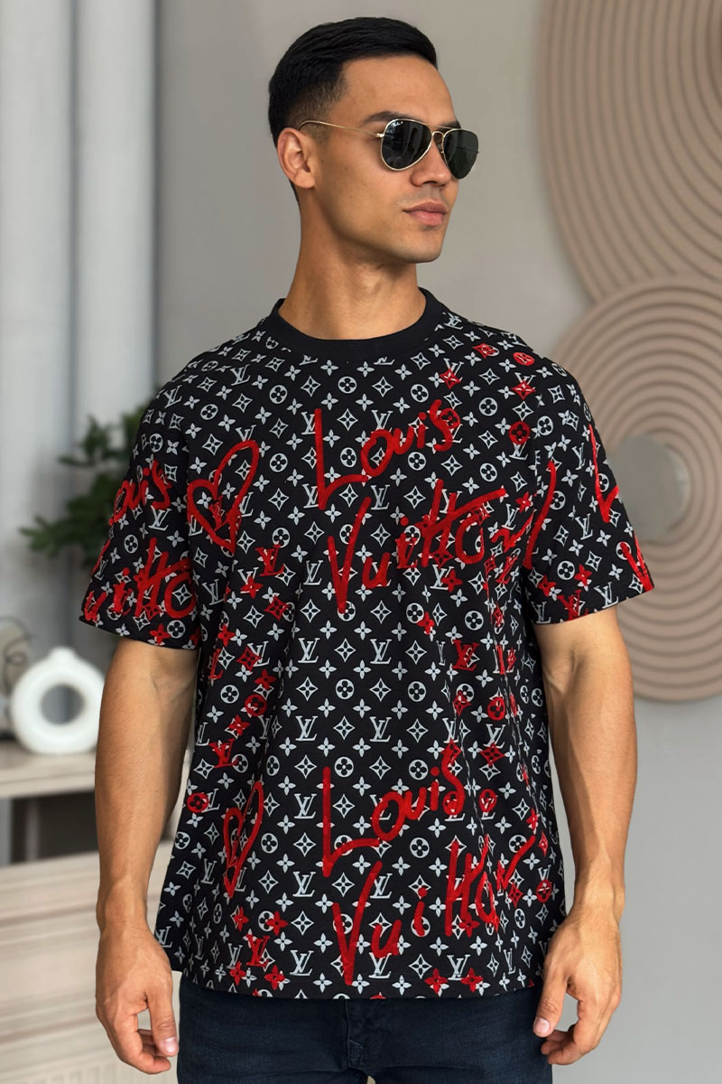 Lоuis Vuittоn Чёрная оверсайз футболка Heart monogram all-over