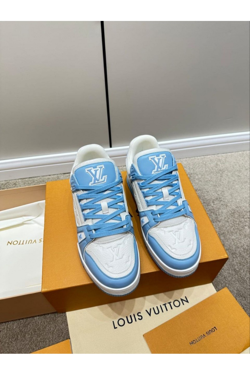 Lоuis Vuittоn Женские кожаные кроссовки Trainer Monogram - White / Blue