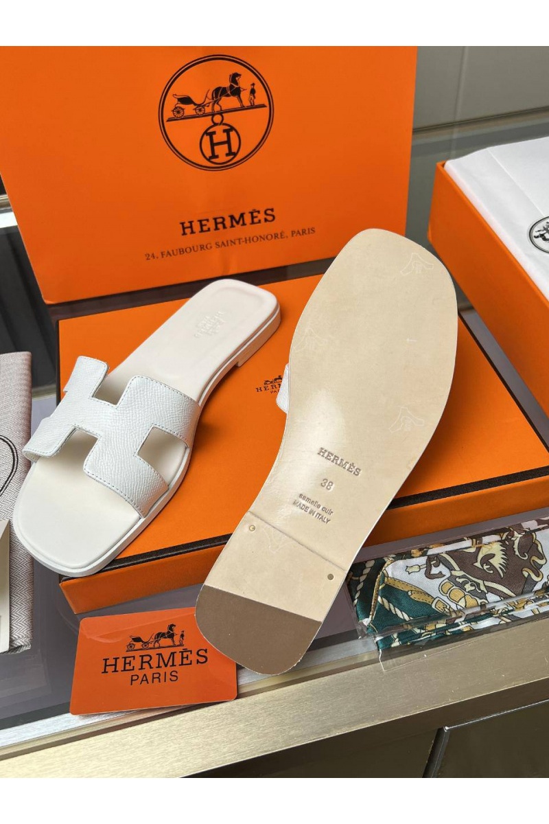 Hermes Женские кожаные шлёпанцы Premium - White