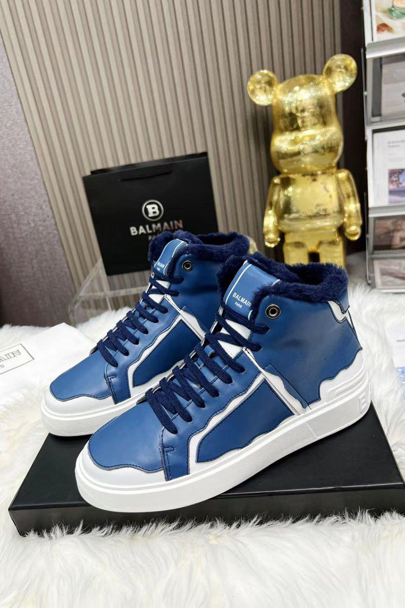 Balmain Кожаные кроссовки с мехом high-top - Blue / White