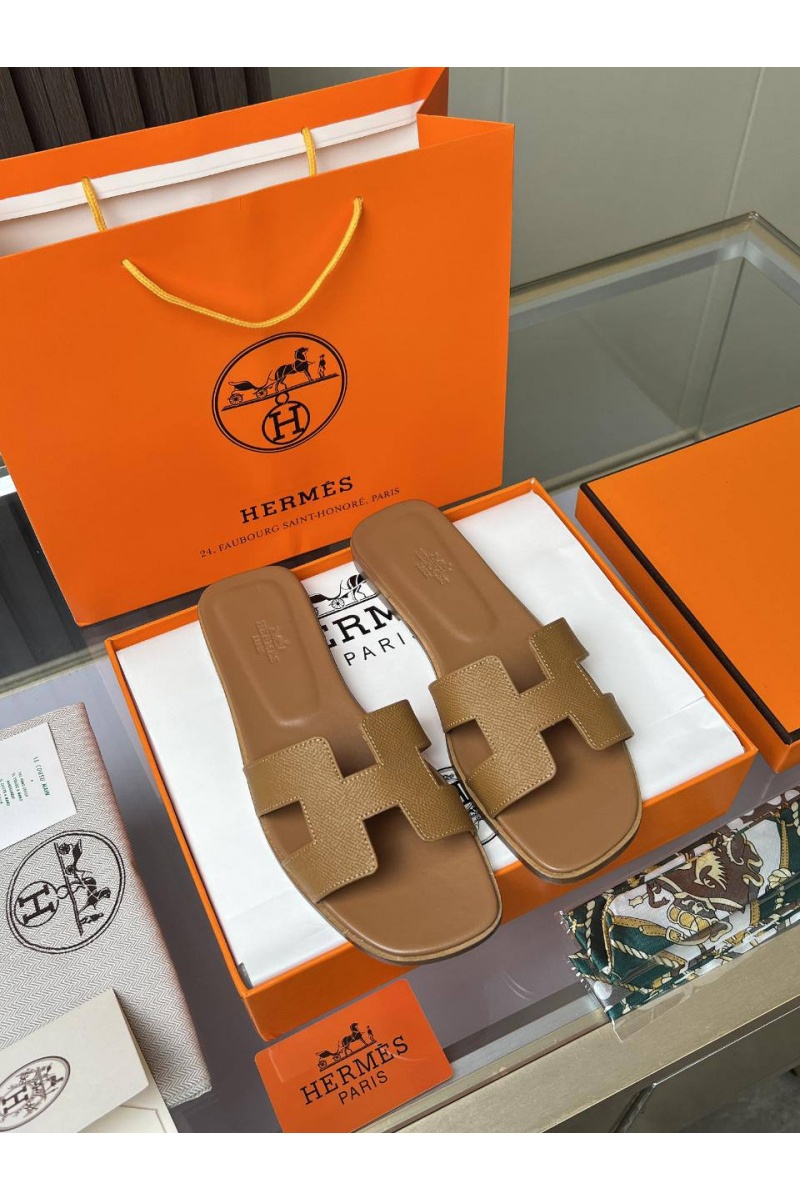 Hermes Женские кожаные шлёпанцы Premium - Chestnut